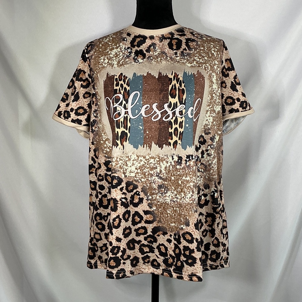 NWT Emery Rose Leopard Print 'Blessed' Graphic Tee Woman's Size OXL